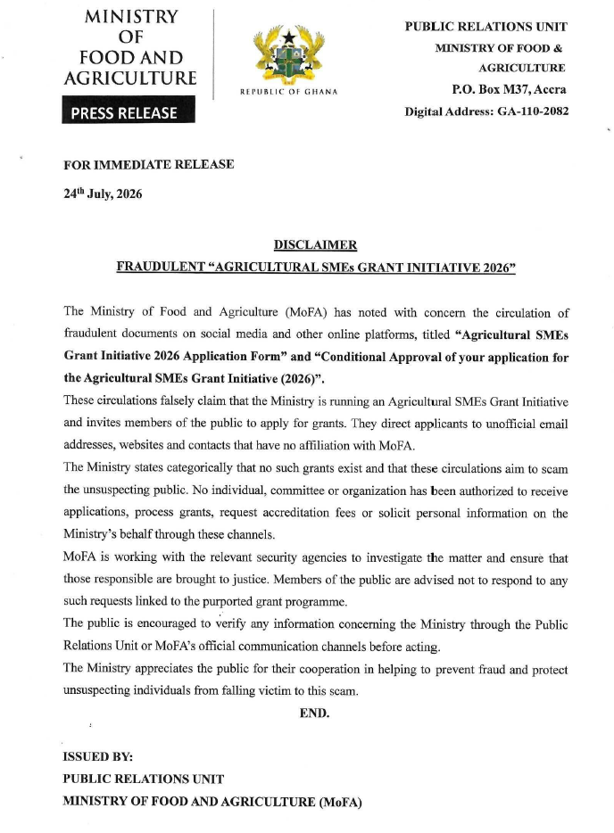 Disclaimer Fraudulent Agricultural SMEs Grant Initiative 2026 0001