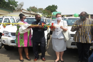 Dr. Afriyie Akoto and Ms. Katie Csaba at the handing over ceremony. They are flanked to the left by Ms. Ruby Neils-Palme Coordinator of the MAG Programme and to the right by the Chief Director of MOFA.